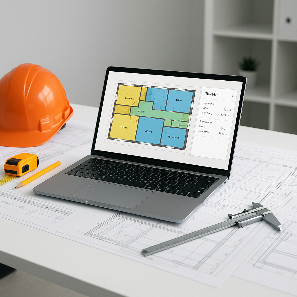 A modern construction estimator's desk with a laptop displaying AI-powered takeoff software, surrounded by blueprints, a...