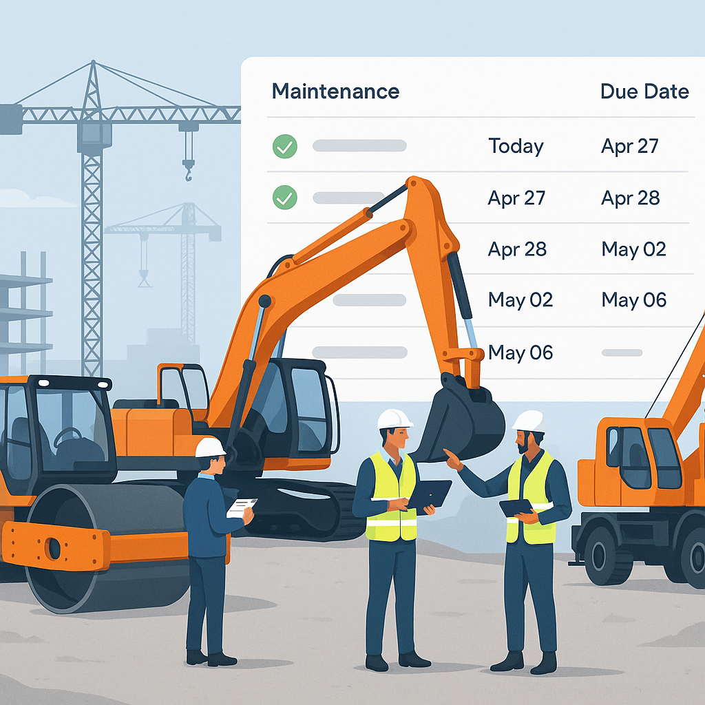 A construction site with multiple equipment assets being inspected by engineers, and a digital dashboard tracking mainte...