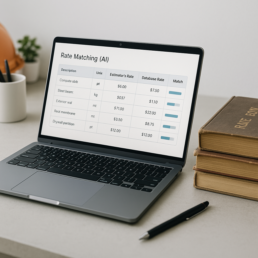 A modern construction estimator's workstation displaying AI-powered rate matching software on a laptop, with a stack of...