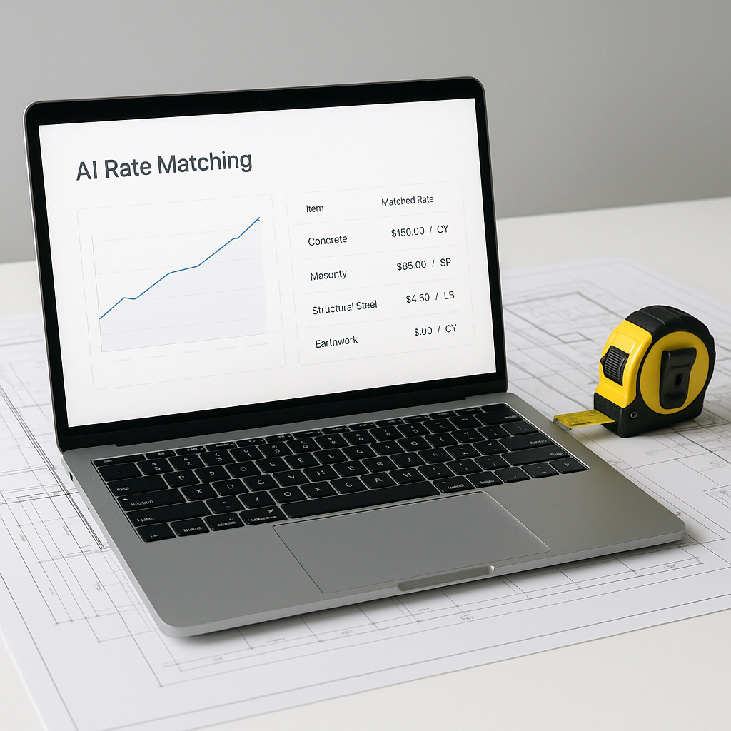 A modern construction estimator's desk with a laptop showing an AI-powered rate matching interface, surrounded by physic...