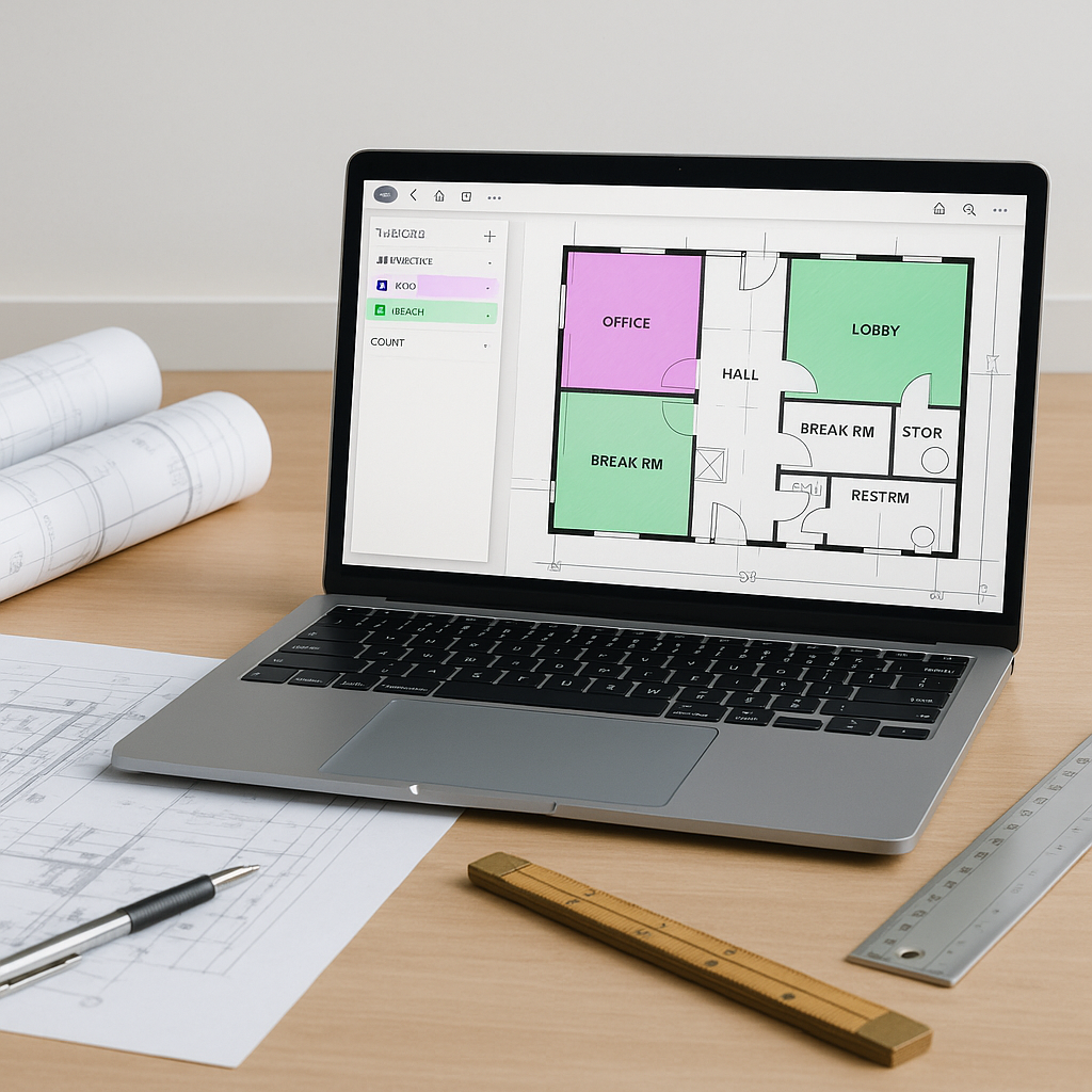 A construction estimator's desk with AI-powered software on a laptop screen, showing a PDF drawing with highlighted take...