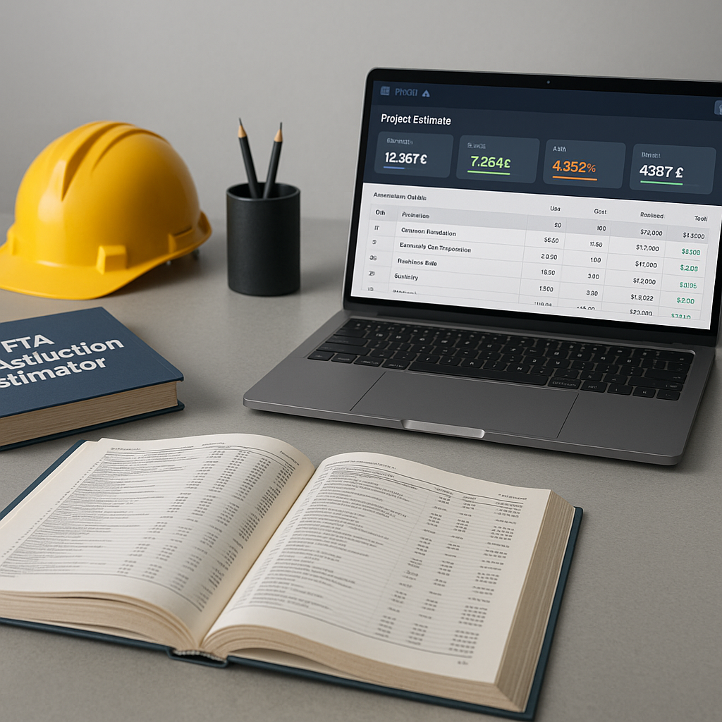 A construction estimator’s desk with open rate books and a laptop displaying AI-powered preconstruction software, visual...