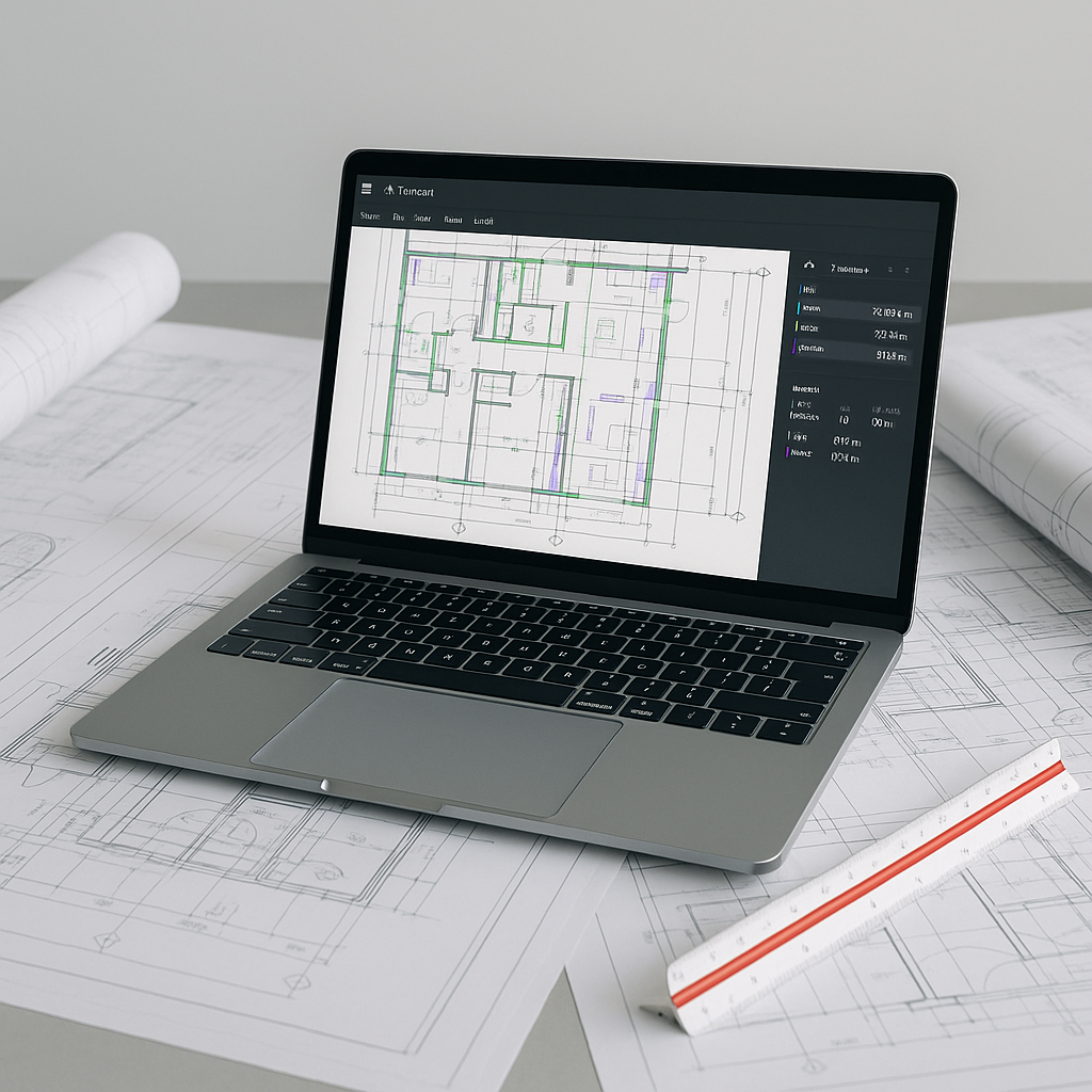 A construction estimator's desk with a laptop displaying AI-powered takeoff software analyzing a complex PDF drawing, su...