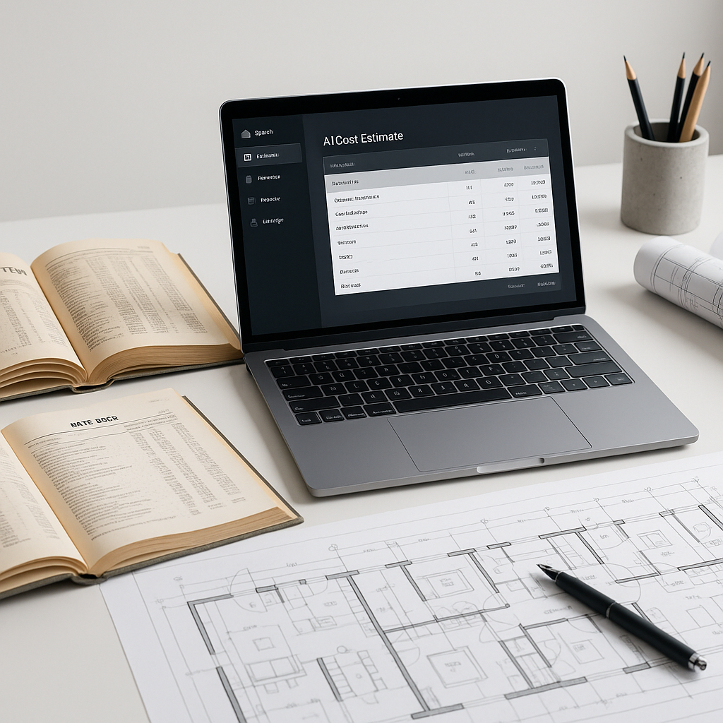 A modern construction estimator's desk with open rate books, a laptop displaying AI-powered estimation software, and blu...