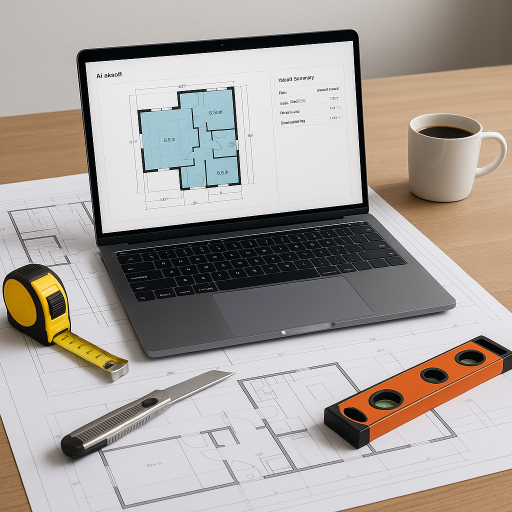 A modern construction estimator's desk featuring a laptop displaying AI-powered takeoff software, with blueprints, measu...