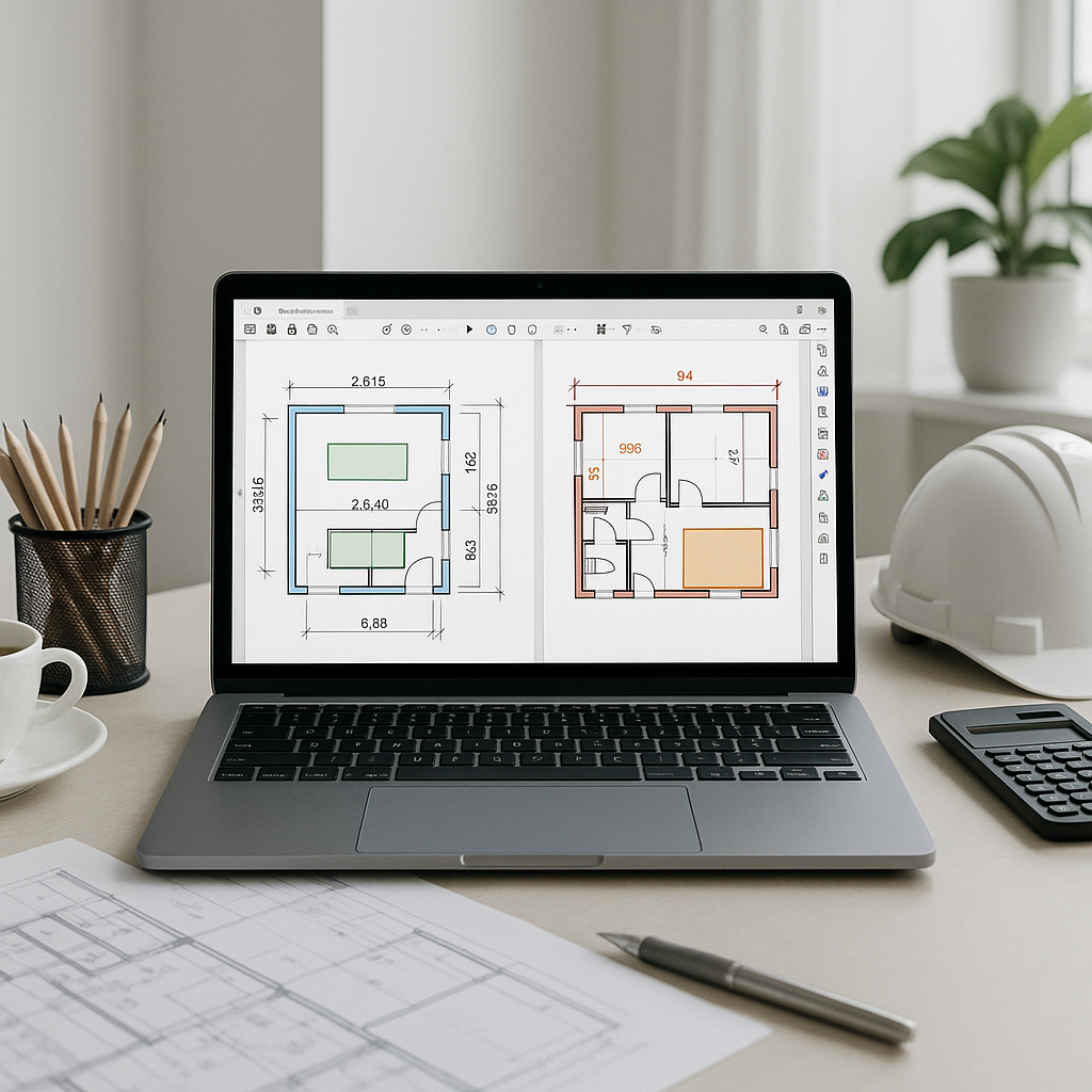 A modern construction estimator's desk with a laptop running AI-powered takeoff software, showing PDF drawings with high...