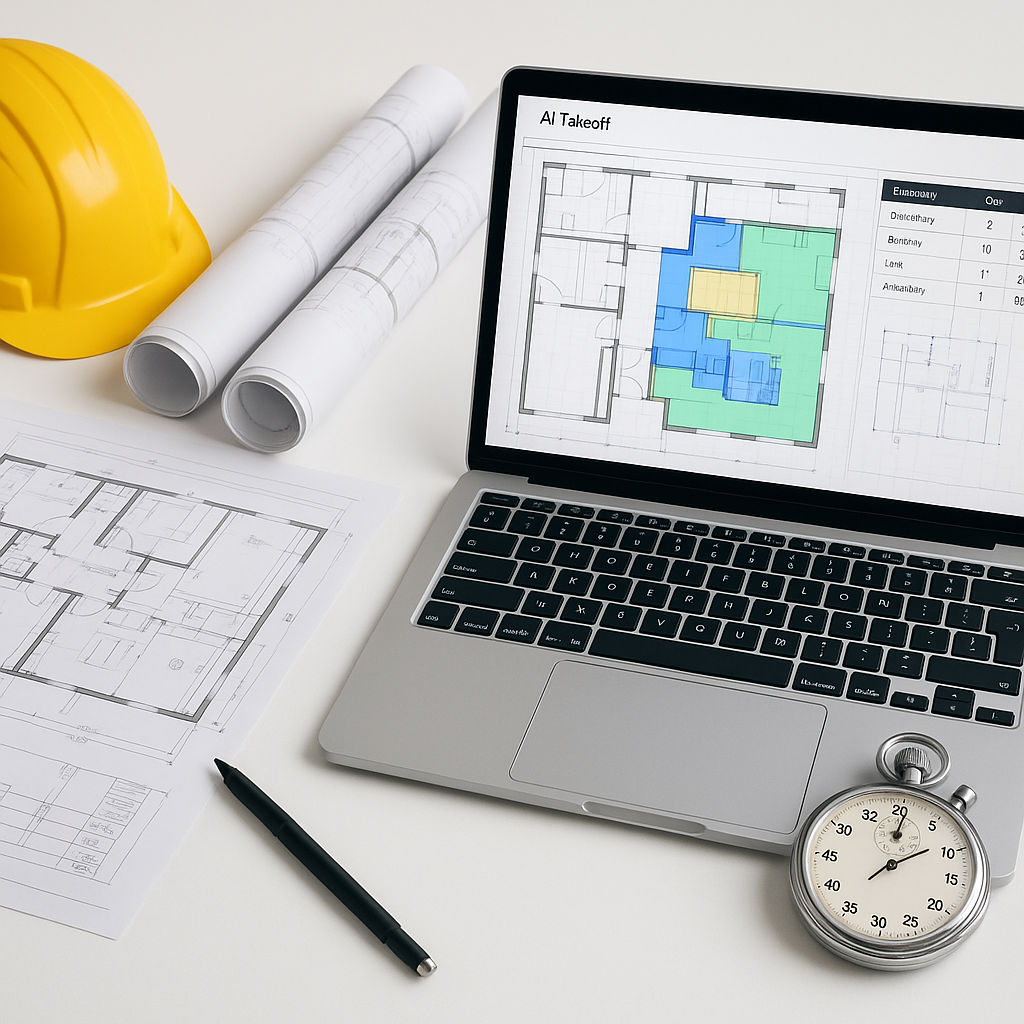 A construction estimator's desk with blueprints, a laptop displaying an AI-powered takeoff software, and a stopwatch sho...
