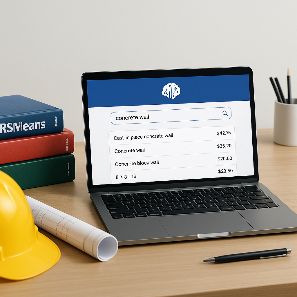 A construction estimator's desk with a laptop showing an AI-powered rate matching tool. Include a stack of rate books li...