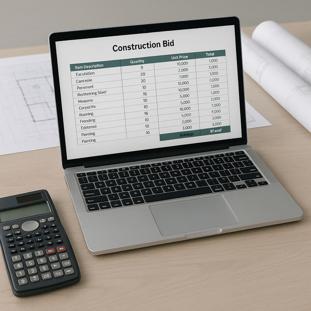 An estimator's desk with an open laptop showing a construction bid spreadsheet, a calculator, and blueprints in the back...