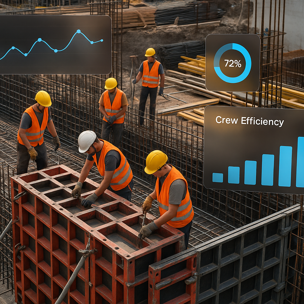 A construction site with workers installing formwork, featuring real-time data visualizations overlayed on the scene, sh...