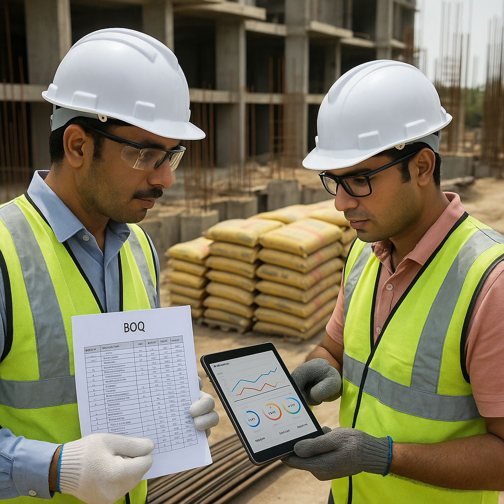 An Indian construction site with workers checking a BOQ sheet against real-time data on a tablet. Include visible constr...
