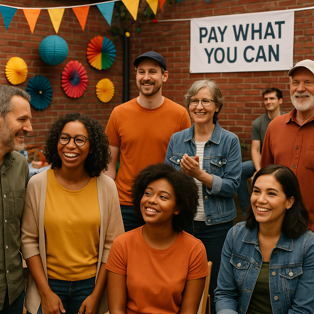 A diverse group of community members gathered at a small local event, vibrant decorations, and a banner promoting 'Pay W...