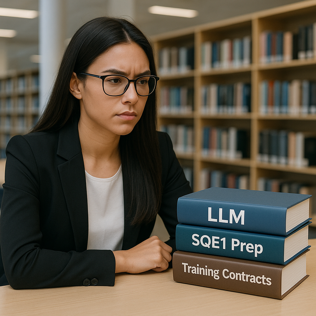 A young law student in a library, looking at a stack of books titled 'LLM', 'SQE1 Prep', and 'Training Contracts' with a...