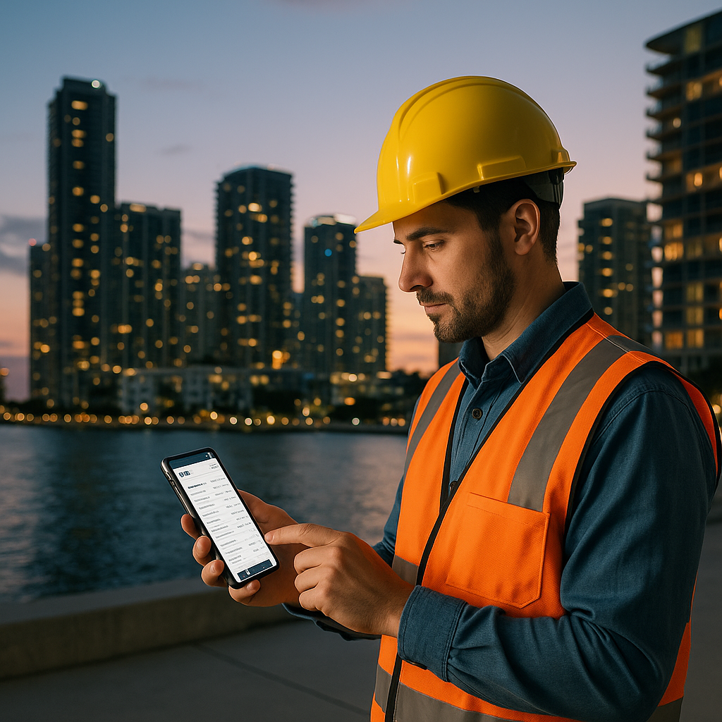A Miami city skyline at dusk with a contractor on-site using a mobile app to build a BOQ, modern luxury buildings in the...