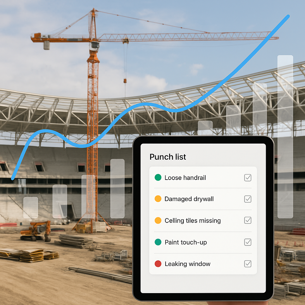 A construction site with a digital tablet showing a punch list app, overlaid with graphs of margin tracking. Background:...