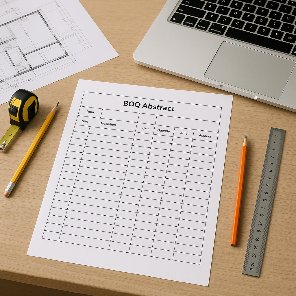 A clean, professional BOQ abstract sheet template displayed on a construction manager's desk with drawings, a laptop, an...