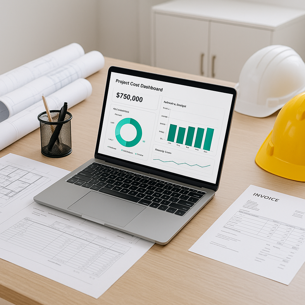 A construction contractor's office desk with a laptop displaying a project cost dashboard, surrounded by blueprints, inv...