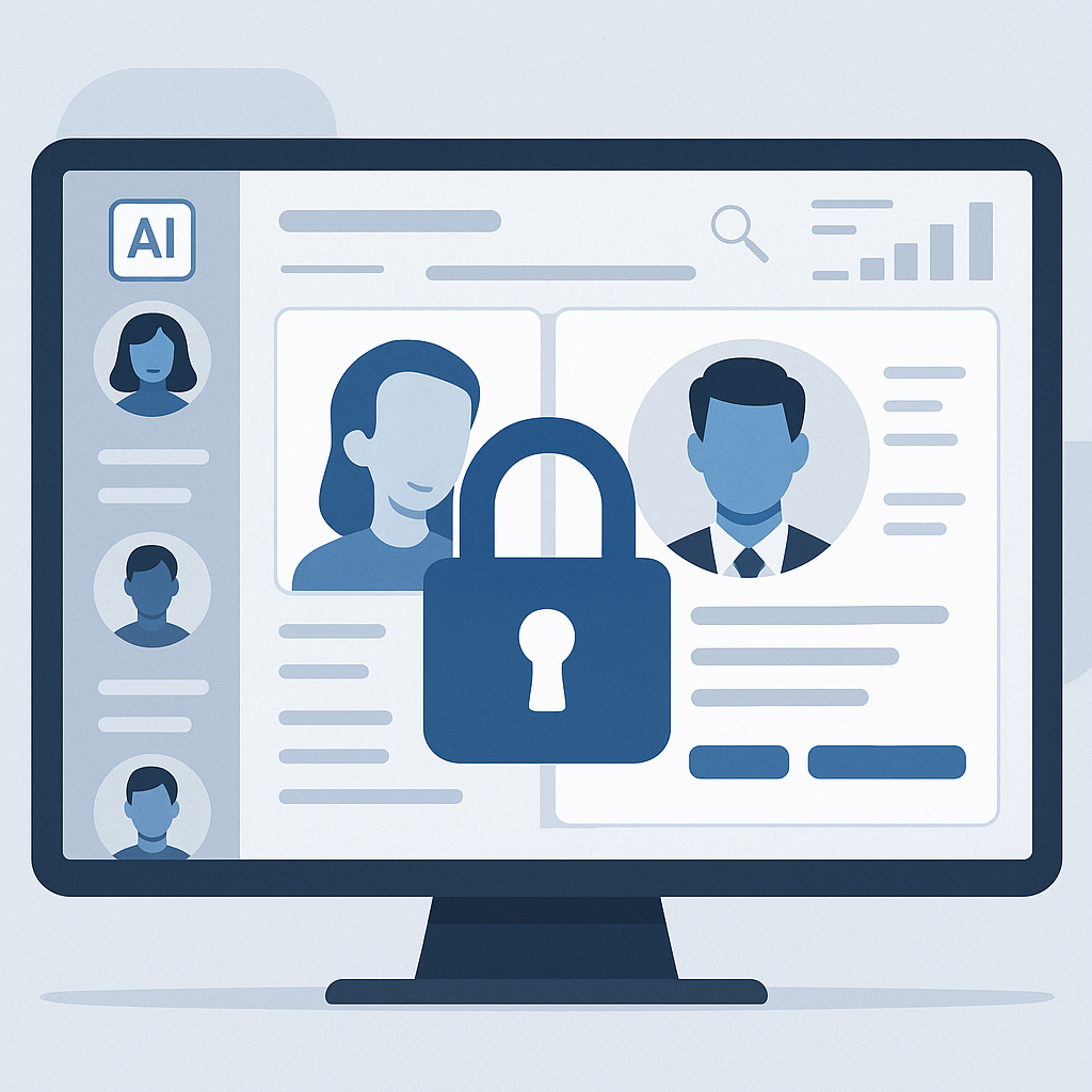 A professional illustration showing an AI-powered recruitment dashboard with a secure lock icon overlay, symbolizing cyb...