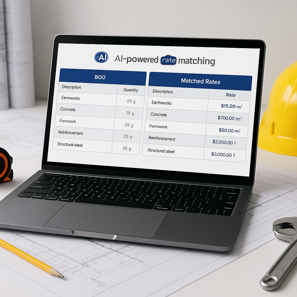 A construction estimator's desk with a laptop running AI-powered rate matching software, showing a BOQ on one side and m...