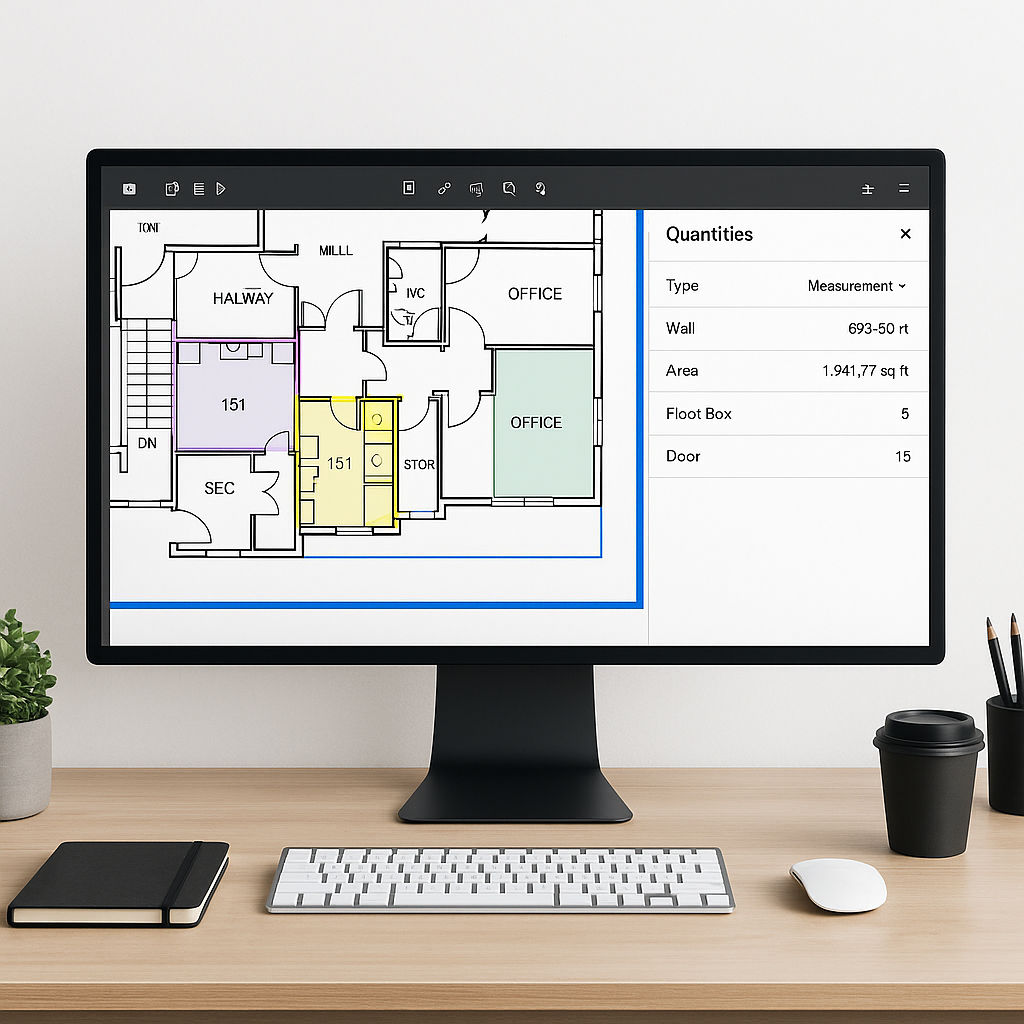 An estimator's workstation showing an AI-powered takeoff tool on screen, with a PDF drawing and quantities automatically...
