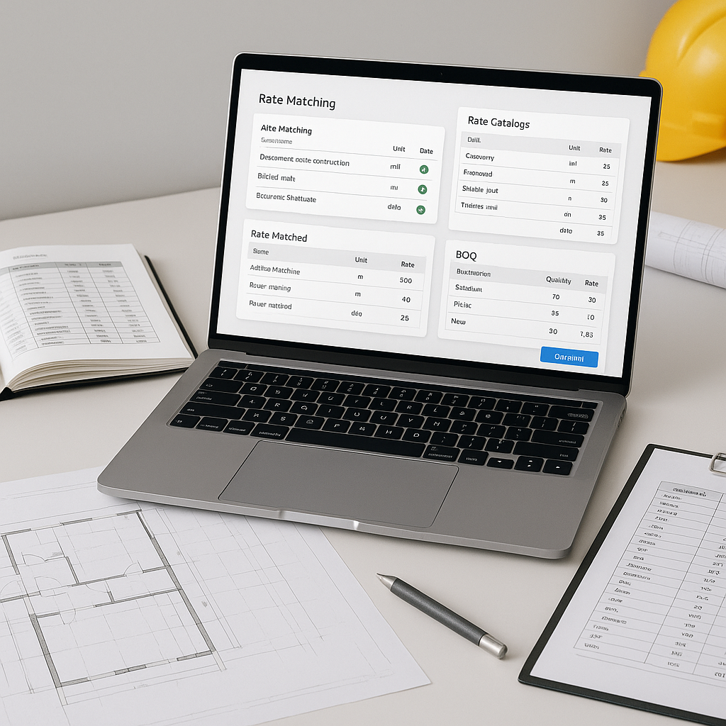 A construction estimator's desk with a laptop showing an AI-powered rate matching tool interface. Include rate catalogs,...