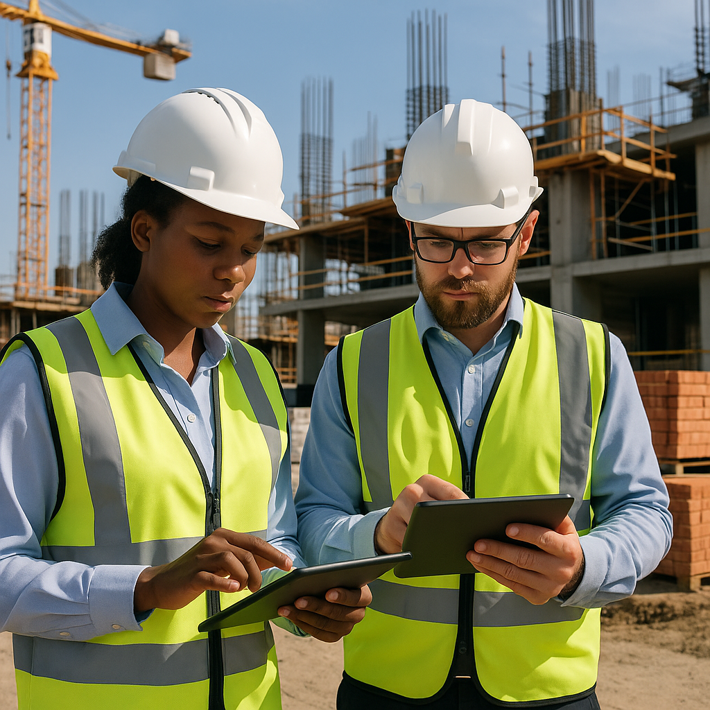 A realistic image of a construction site with engineers reviewing a BOQ on tablets, surrounded by equipment and material...