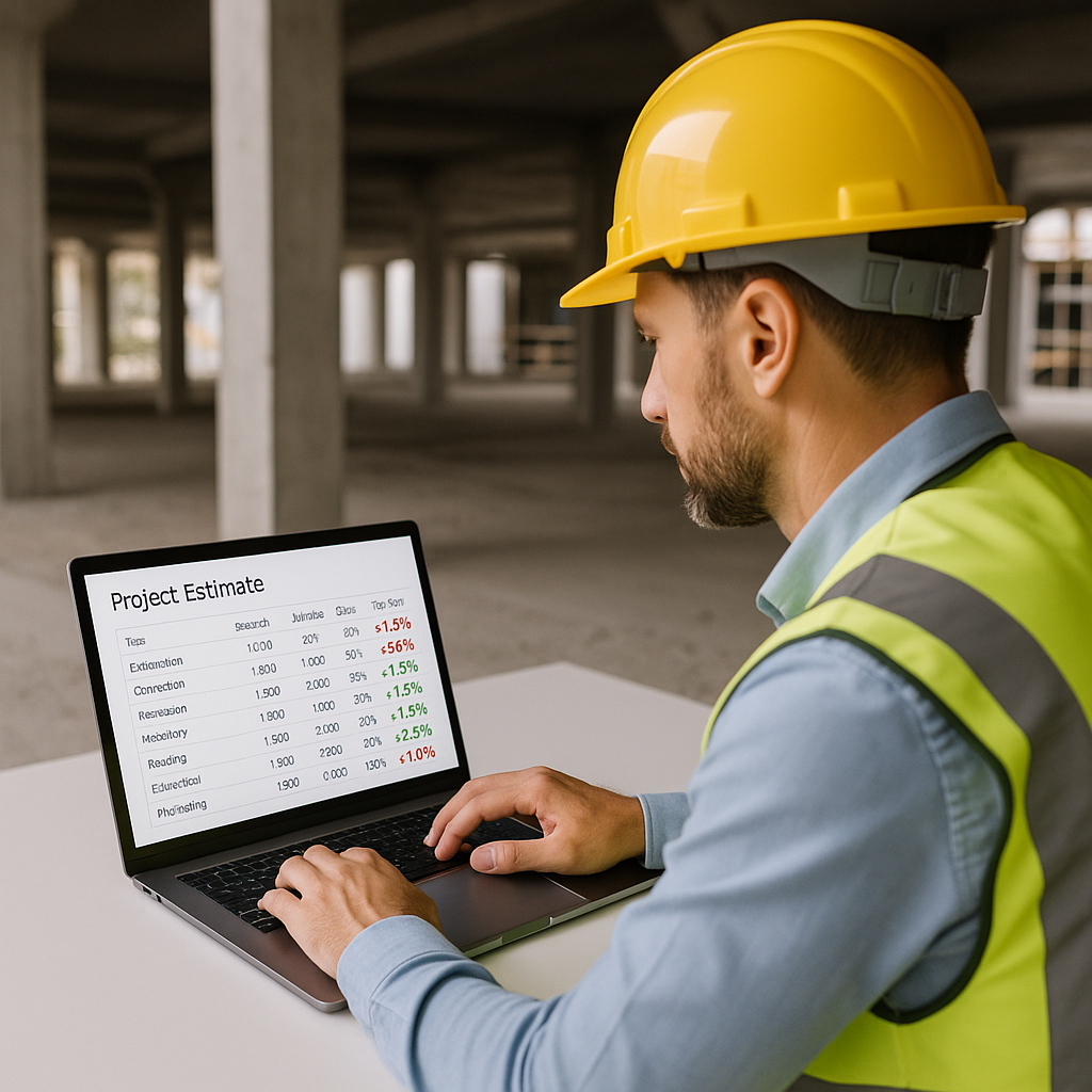 A construction project manager reviewing a detailed project estimate on a laptop, with error percentages highlighted in...