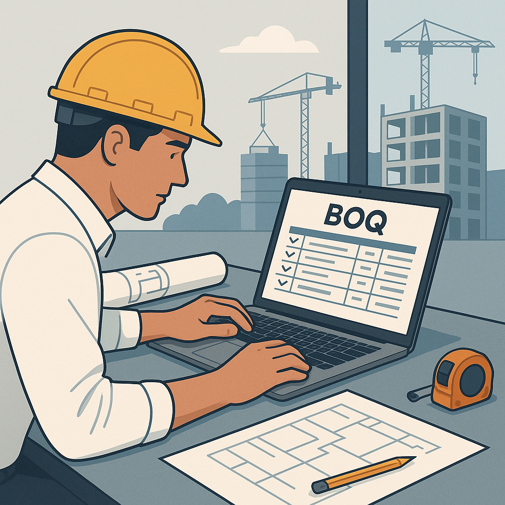 A detailed illustration of a contractor reviewing a digital BOQ system on a laptop, surrounded by construction documents...