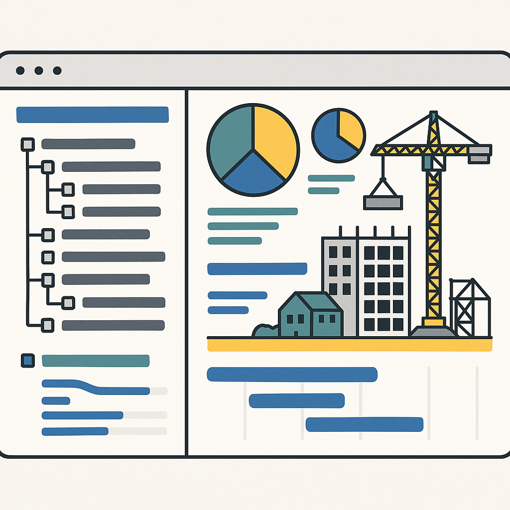 A detailed illustration of a construction project dashboard showing a structured BOQ hierarchy, cost breakdown charts, a...