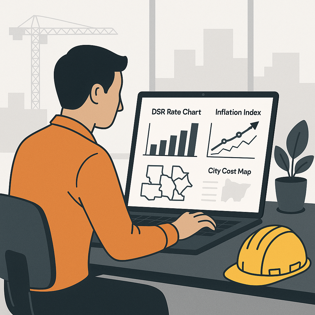 Illustration of a construction estimator working on a laptop with DSR rate charts, inflation indices, and city cost maps...