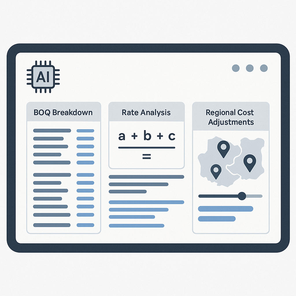 An AI-powered construction estimator dashboard showing a BOQ breakdown, rate analysis formula, and regional cost adjustm...