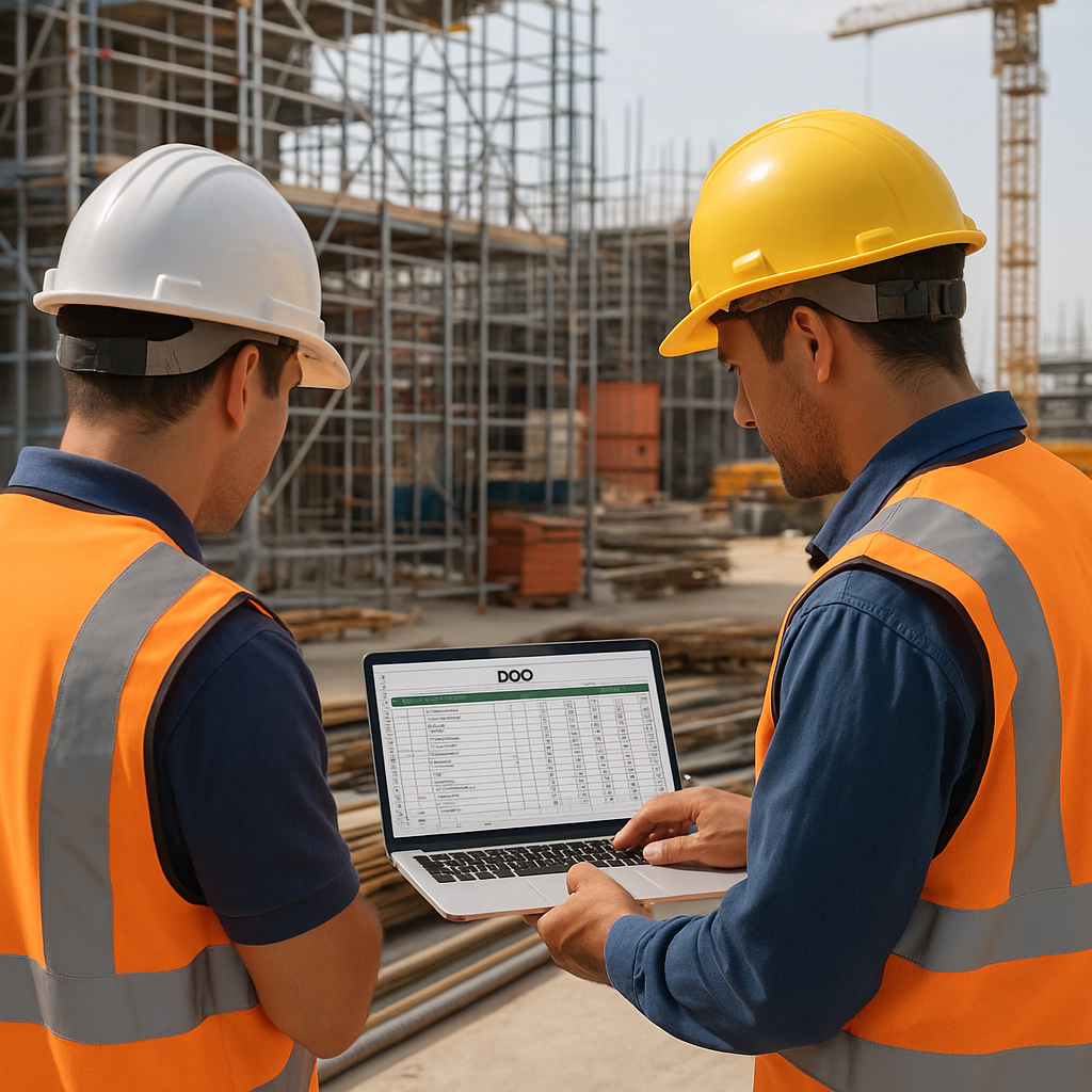A detailed construction site with workers reviewing a laptop displaying a BOQ Excel spreadsheet, set against a backdrop...