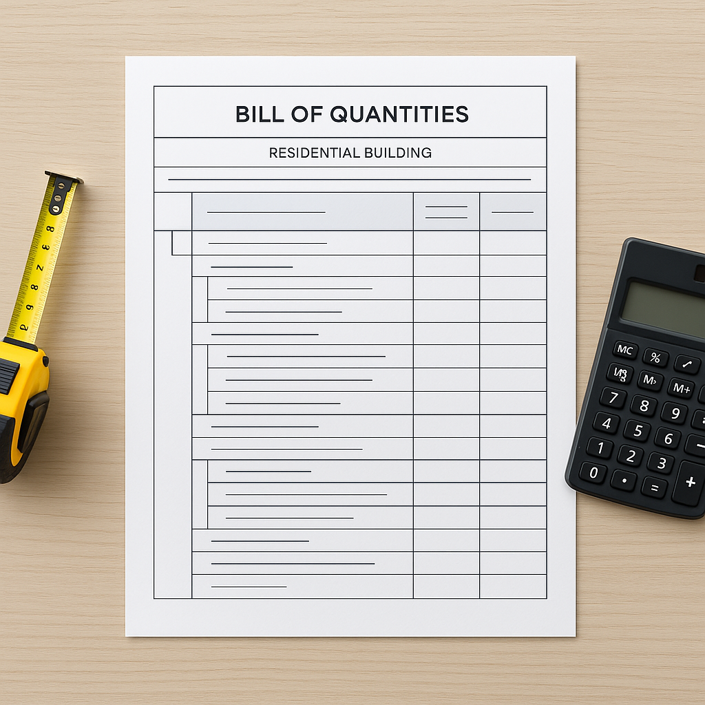 A clean, structured Bill of Quantities (BOQ) form for a residential building project with clear sections, line items, an...