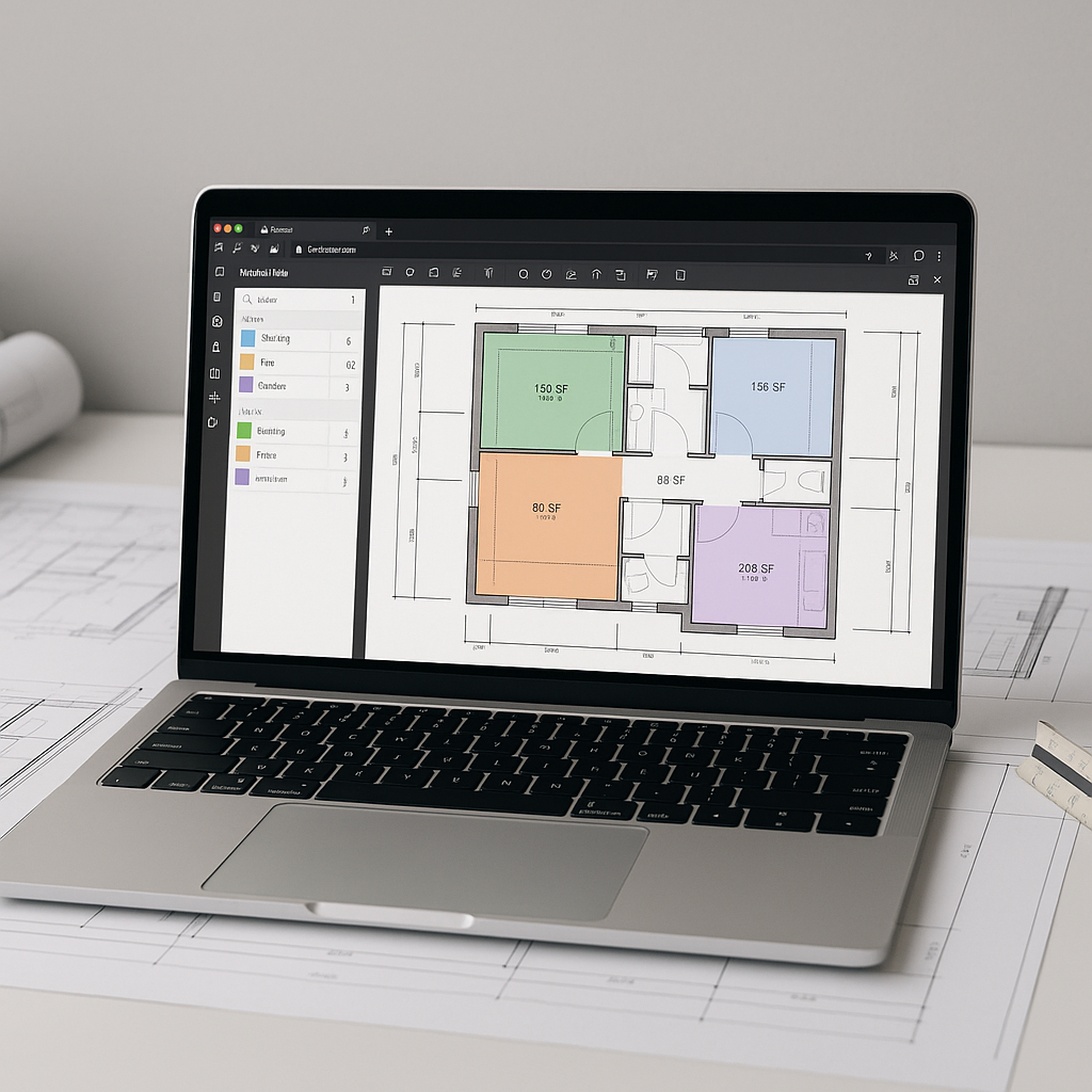 A construction estimator's desk with a laptop displaying AI-powered takeoff software. PDF drawings on the screen with qu...