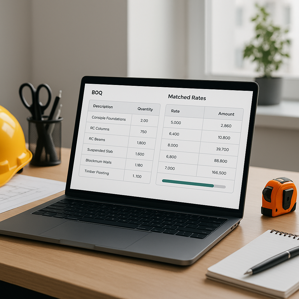 A construction estimator's desk with a laptop showing AI-powered rate matching software. The screen displays a BOQ on on...