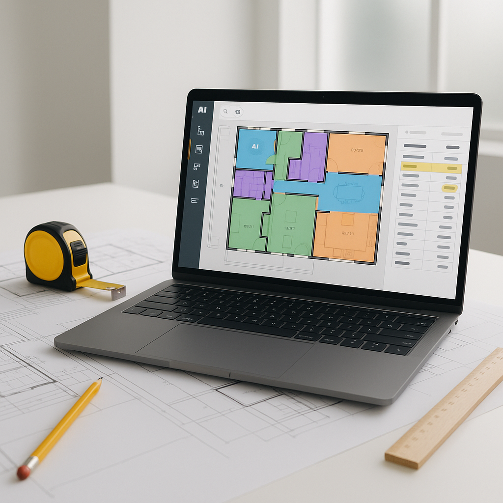 A modern construction estimator's desk with a laptop displaying a colorful AI-powered takeoff software interface, alongs...