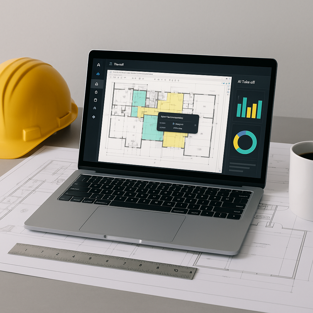 A construction estimator's desk with AI software open on a laptop, showing takeoff measurements over a PDF drawing set....
