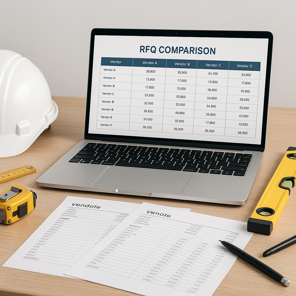 A contractor's desk with a well-organized RFQ comparative table on a laptop screen, surrounded by printed vendor quotes,...