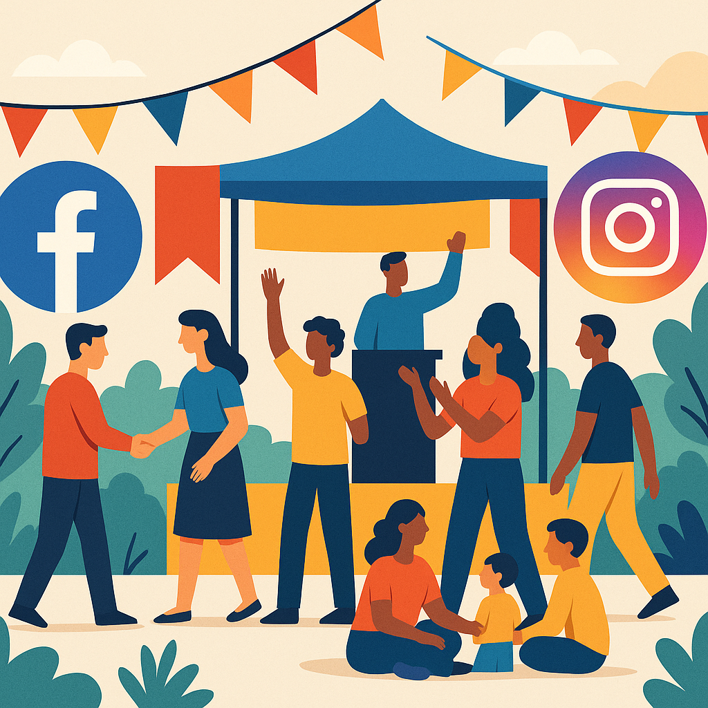 A vibrant illustration of a community event with diverse attendees, banners, and social media icons (Facebook, Instagram...