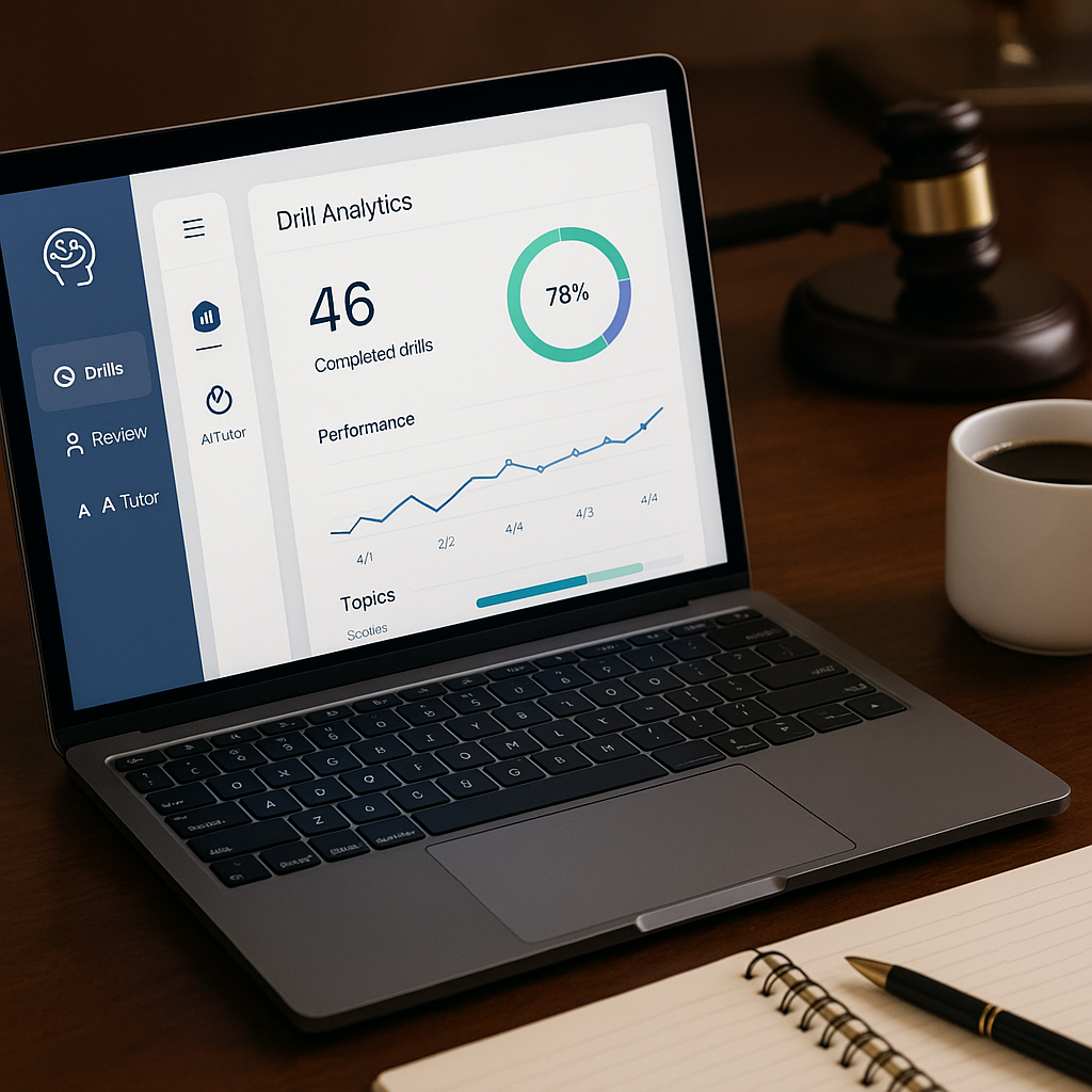 A professional but approachable image of a modern AI-powered study platform interface, with drill analytics visible, alo...