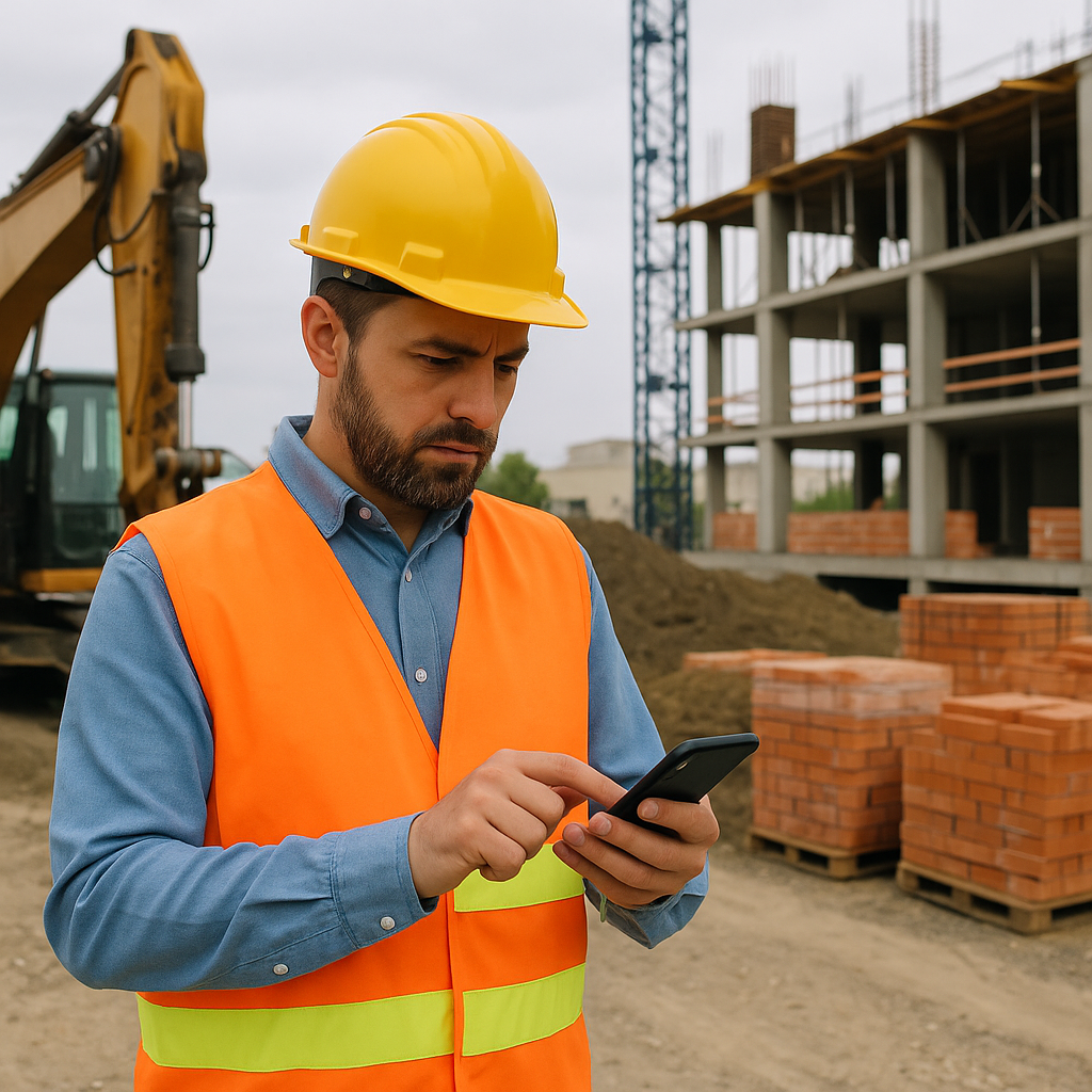 A construction site in New Jersey with a contractor using a mobile app to input BOQ data on-site, with visible machinery...