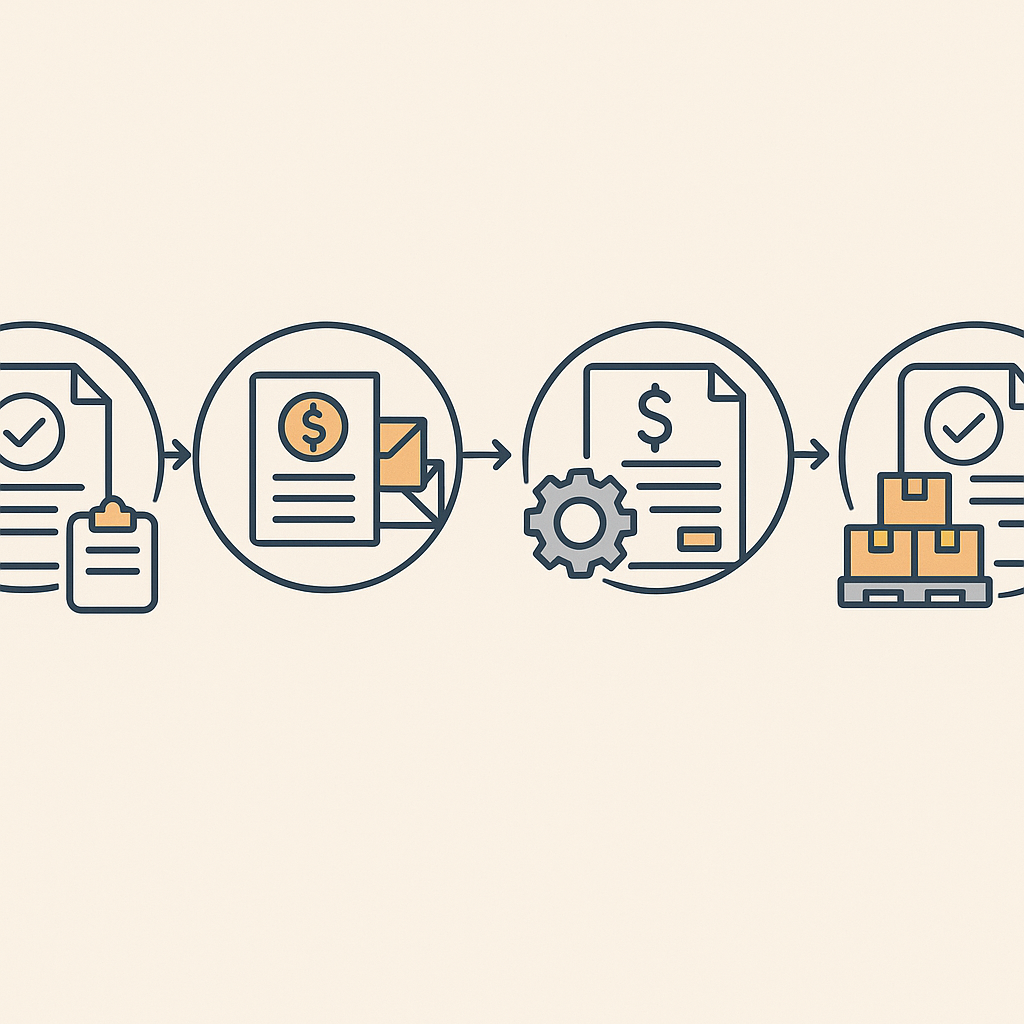 A detailed illustration of a construction procurement workflow: a flowchart showing Material Requisition (MR), RFQ, Purc...