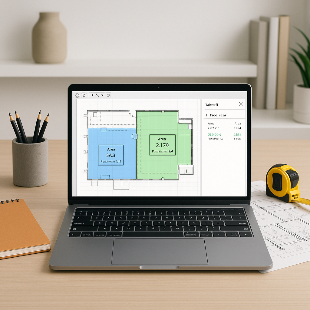 A modern construction estimator's desk with a laptop displaying an AI-powered takeoff tool, showing highlighted PDF draw...