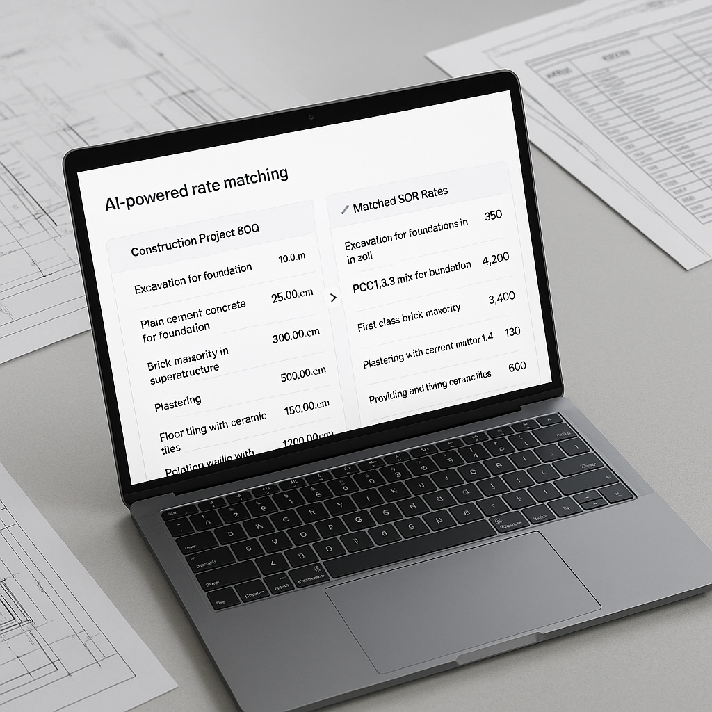 A laptop screen showing an AI-powered rate matching interface, with a construction project BOQ on one side and matched S...
