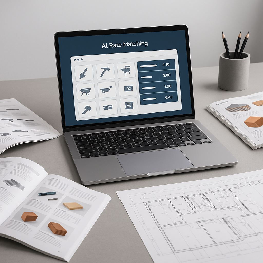 A construction estimator's desk with a laptop showing AI-powered rate matching software, surrounded by printed catalogs...