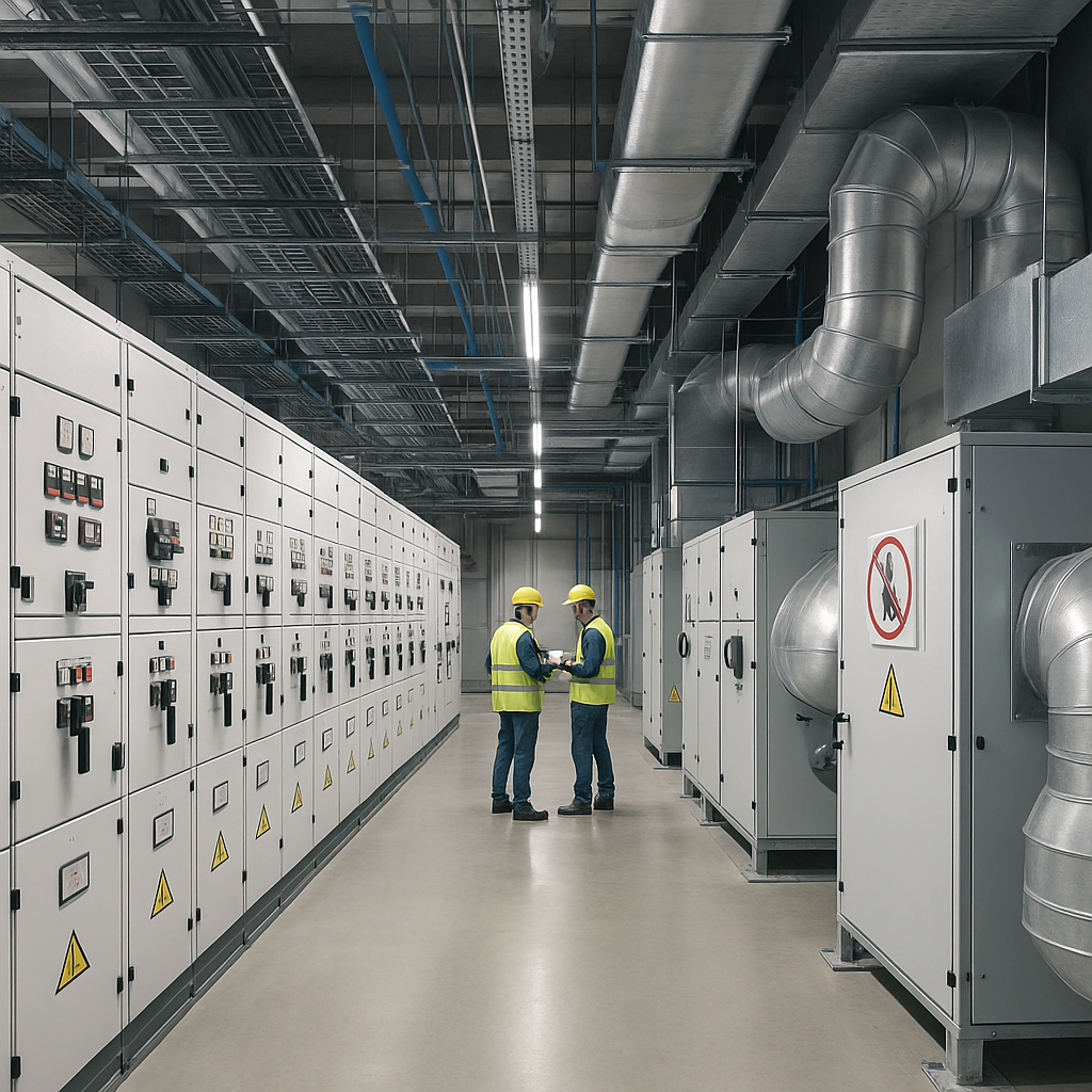 A modern data center under construction, highlighting rows of electrical switchgear and HVAC systems, with safety signs...
