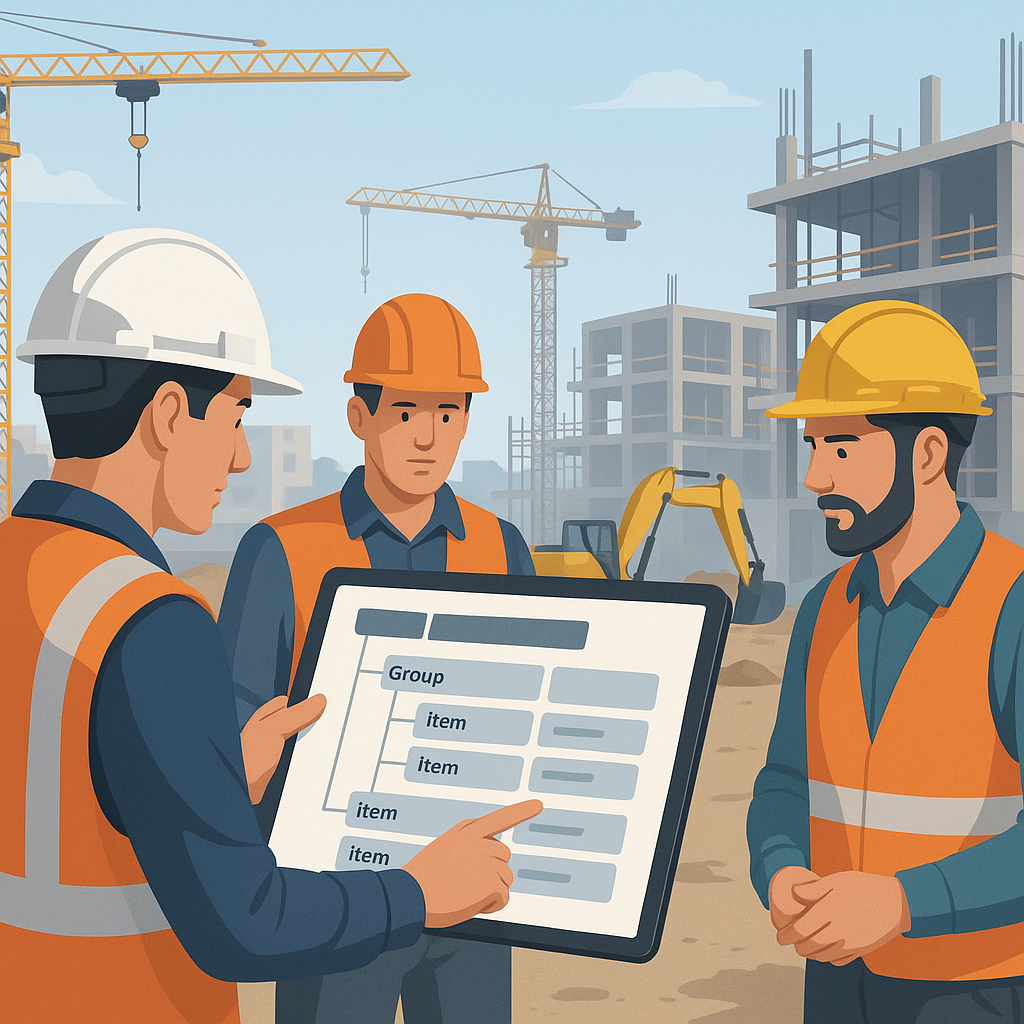 A detailed construction site scene with workers referencing a tablet showing a BOQ hierarchy (group > items). Clear labe...