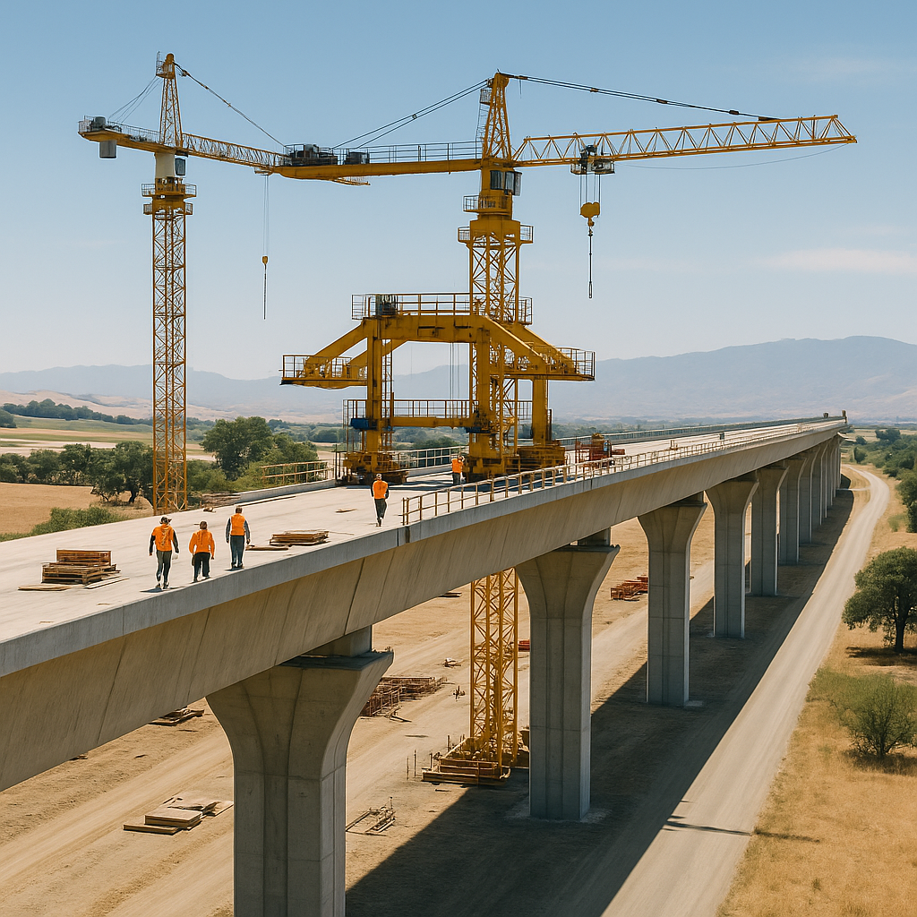 A high-speed rail under construction, showcasing viaducts, cranes, and workers. Modern and clean aesthetic with a Califo...