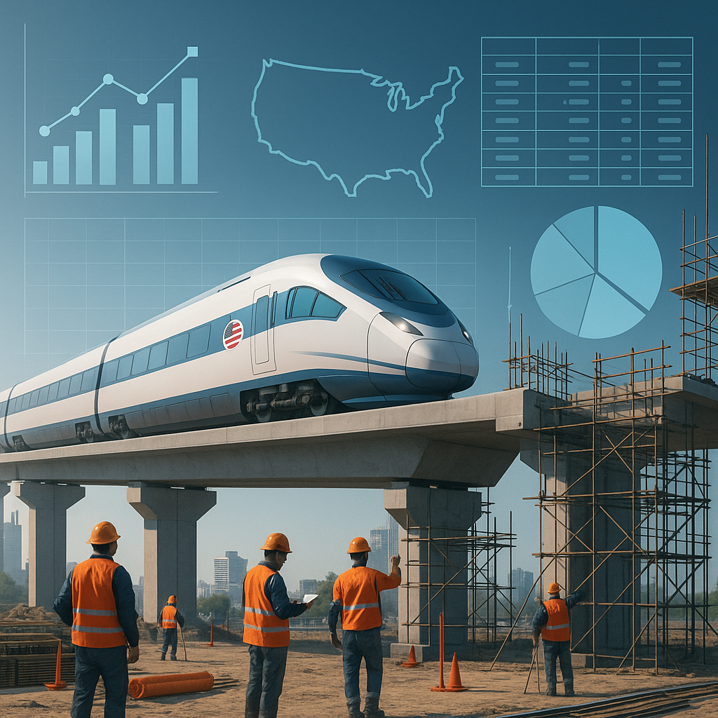 A digital rendering of a futuristic US rail project under construction, with AI analytics overlay (charts, BOQ tables) a...
