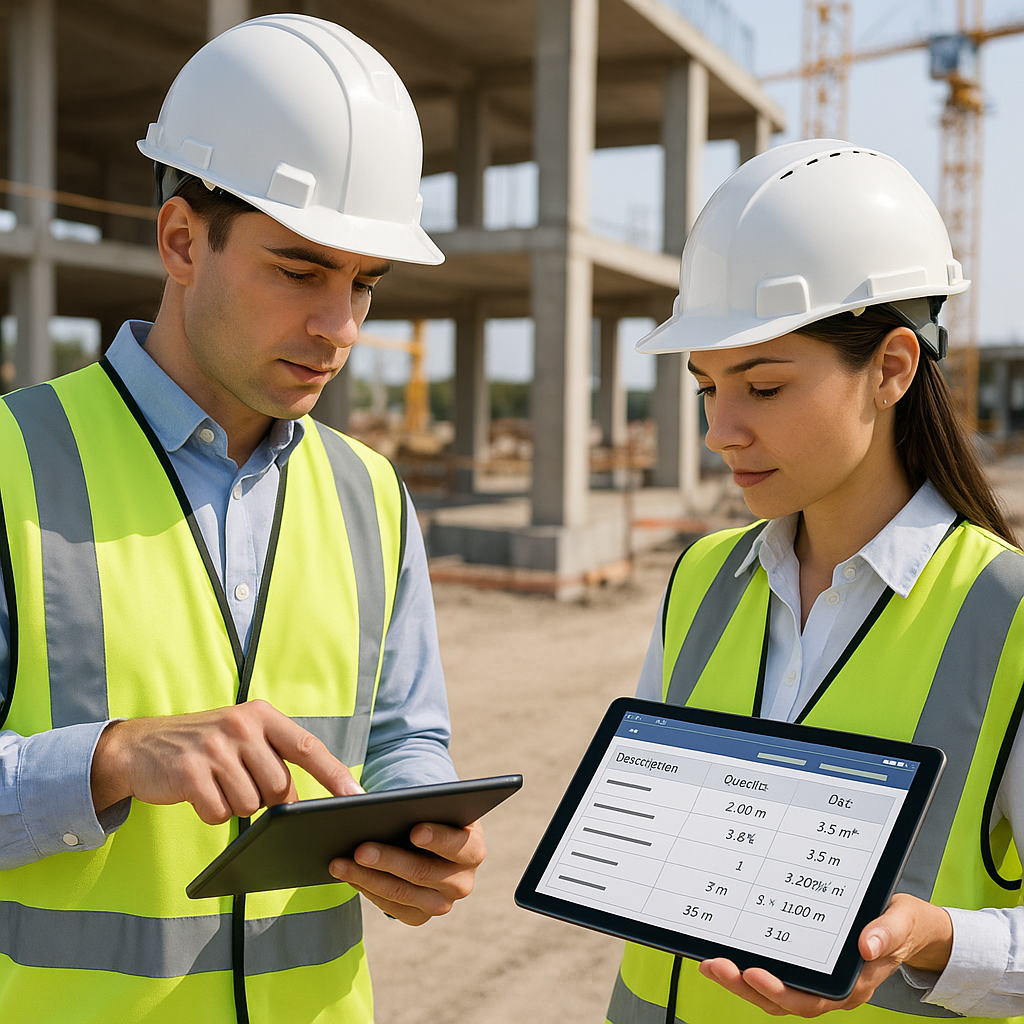 A construction site with engineers reviewing BOQ documents on tablets, showing measurements and conversion factors in pr...